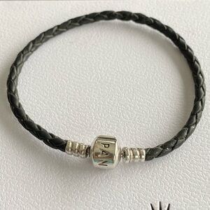 Authentic Pandora Silver & Black Leather Moments Braided Bracelet ~ Size 7.1